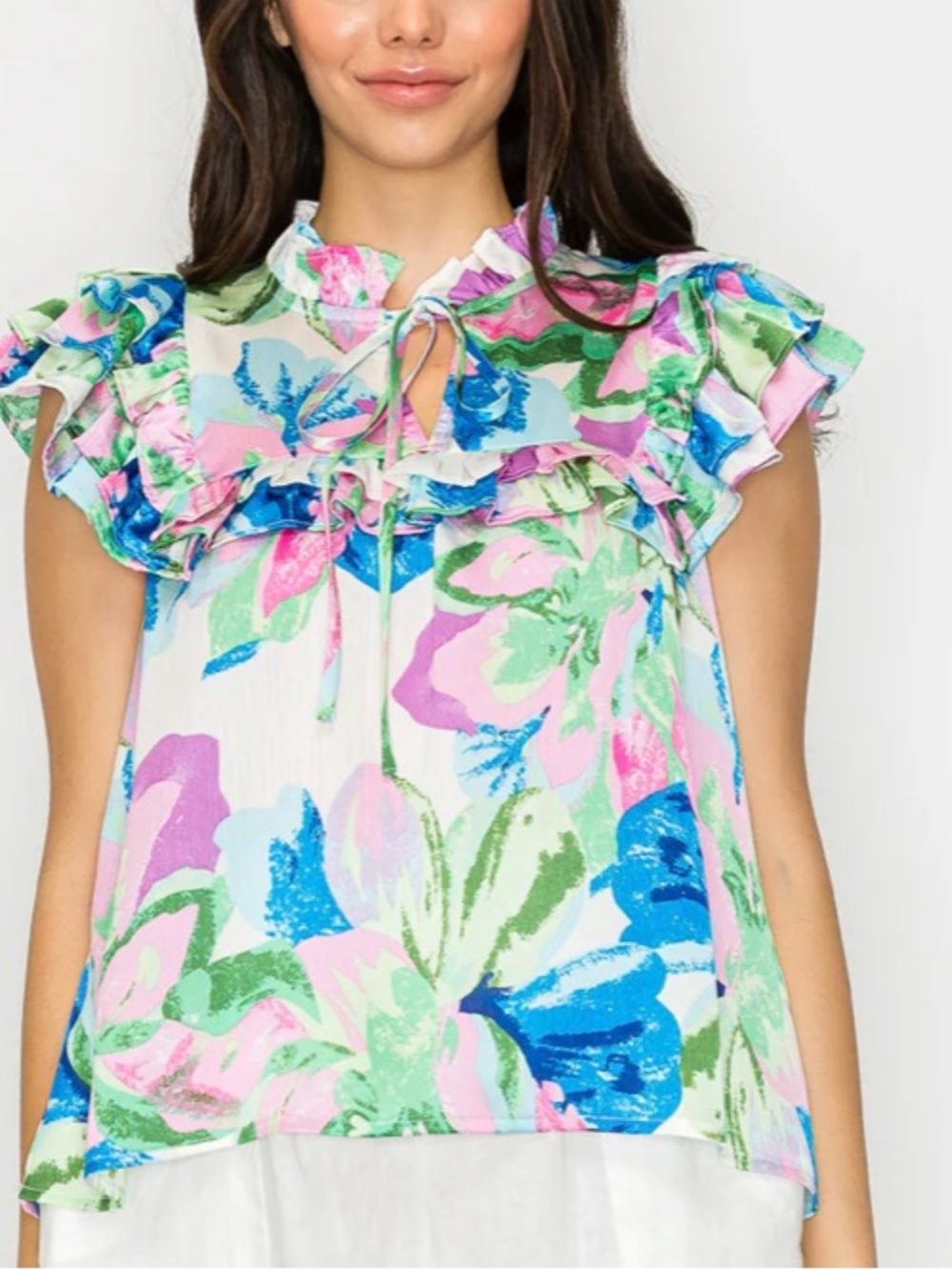 Floral Ruffle Tie-Neck blouse  meet me in Santorini